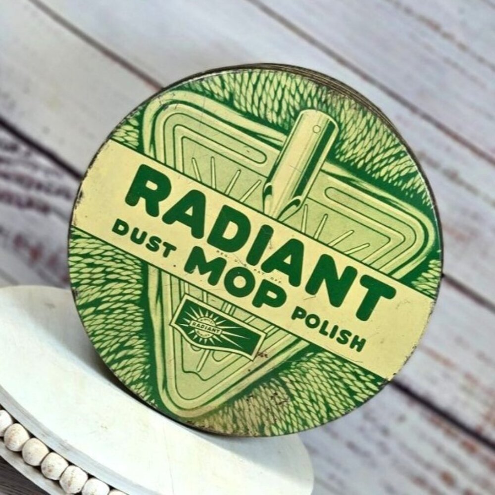 VTG Collectible tin Radiant Dust Mop Polish Tin Jersey City, NJ USA Green